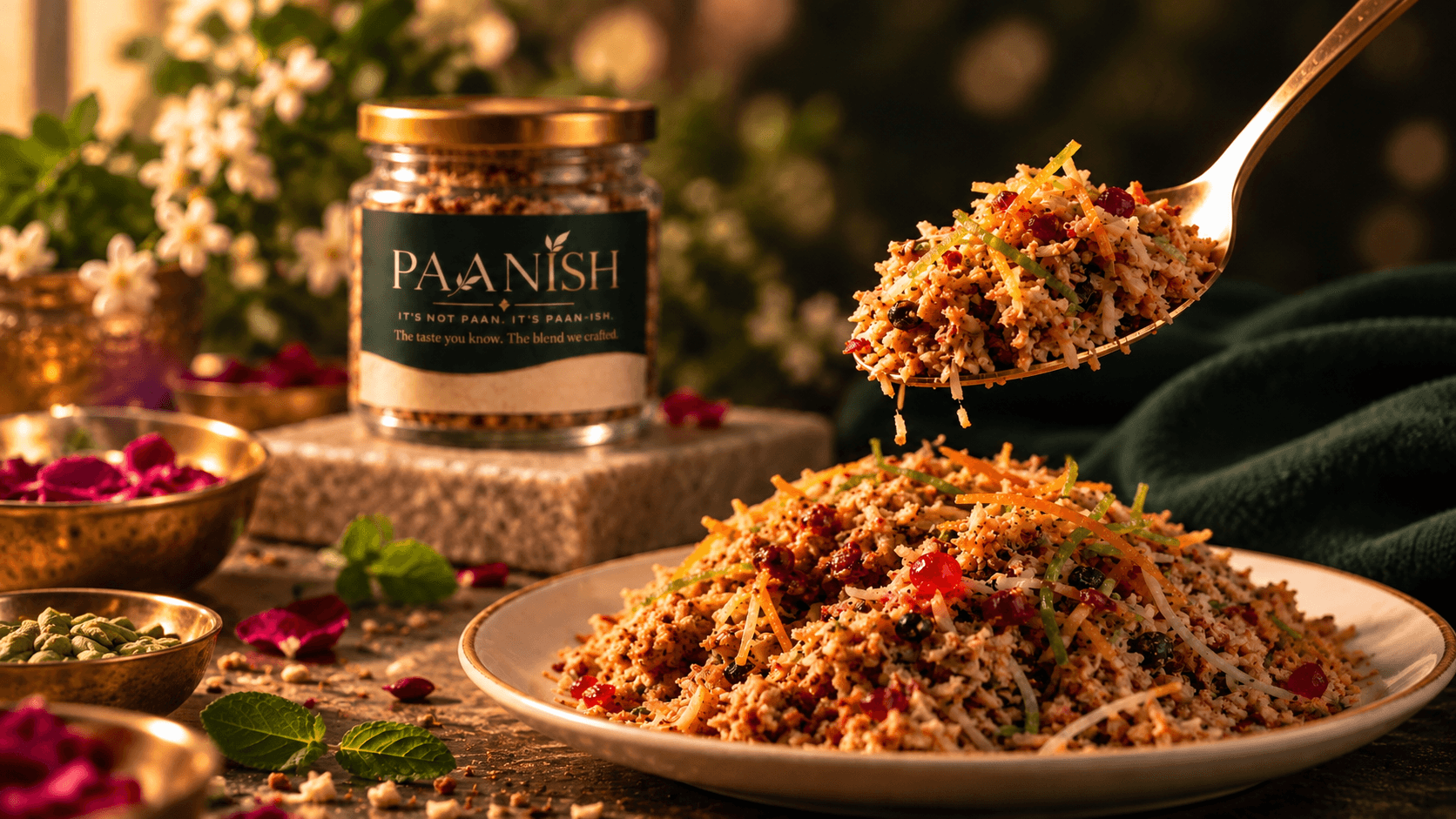 A golden spoon lifting the Paanish coconut and gulkand mukhwas blend